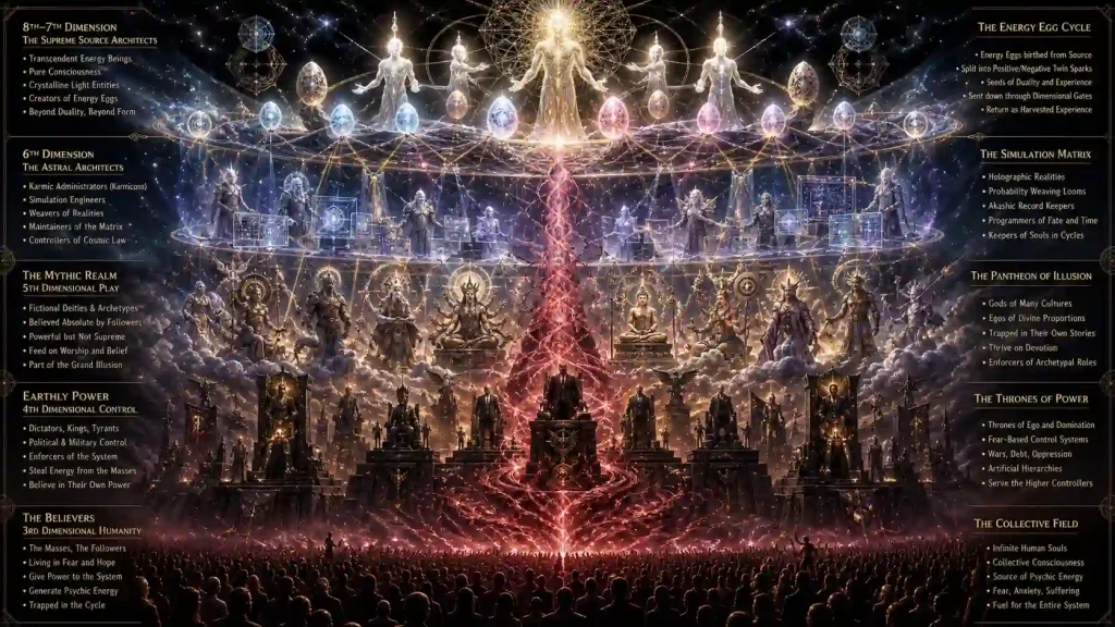 Karmic hierarchy with Dividers at the top, archons below, gods under them, dictators and humans at the bottom. 