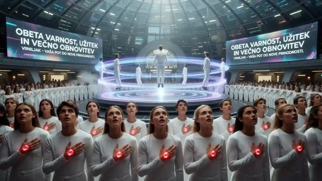 A scene for the movie Logan's Run with humans and a carousel game of death. 