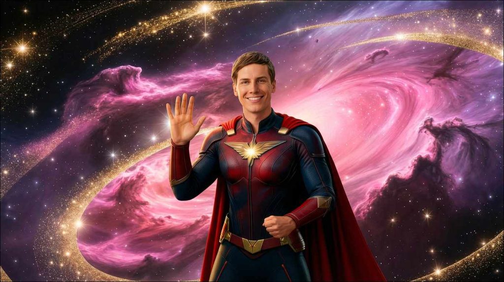Senad Dizdarevic greets Earthlings with a cosmic galaxies behind him. 