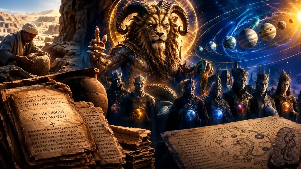 Yaldabaoth, as described in Nag Hammadi papers, with his archons and ancient documents. 